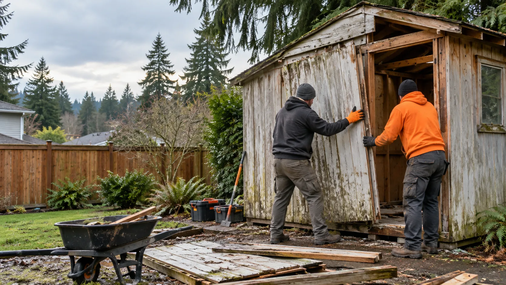 Workers carefully dismantling a weathered wooden shed in a Pacific Northwest backyard